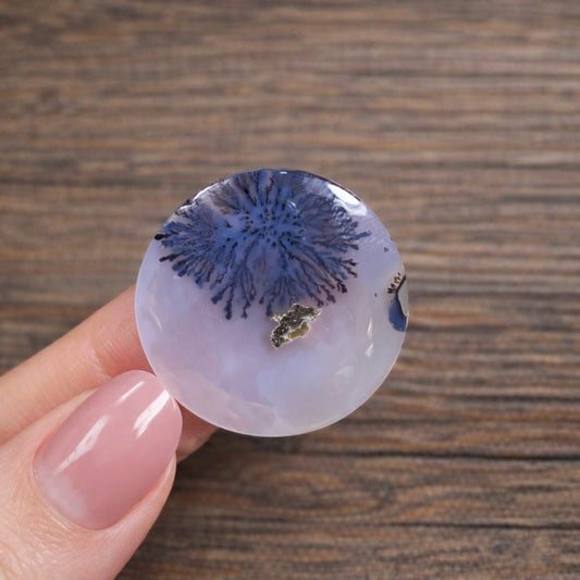 Dendrite Agate Cabochon 21x4mm – Natural Blue Dendritic Gemstone Round Cab for Jewelry Making