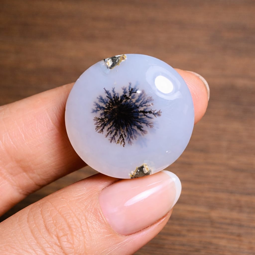 Dendrite Agate Cabochon 20x7mm – Natural Round Scenic Dendritic Gemstone for Jewelry Making