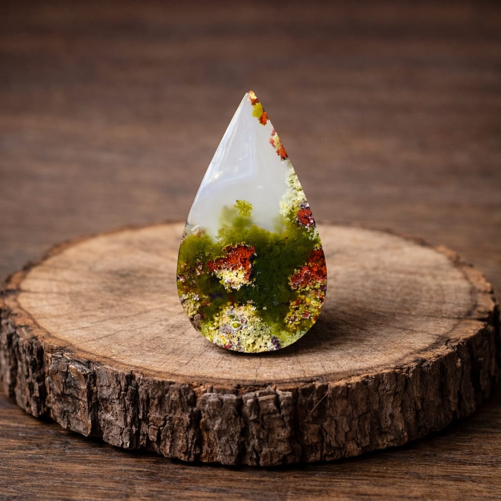 Moss Agate Teardrop Cabochon 26x15x4mm – Natural Scenic Landscape Gemstone from Indonesia