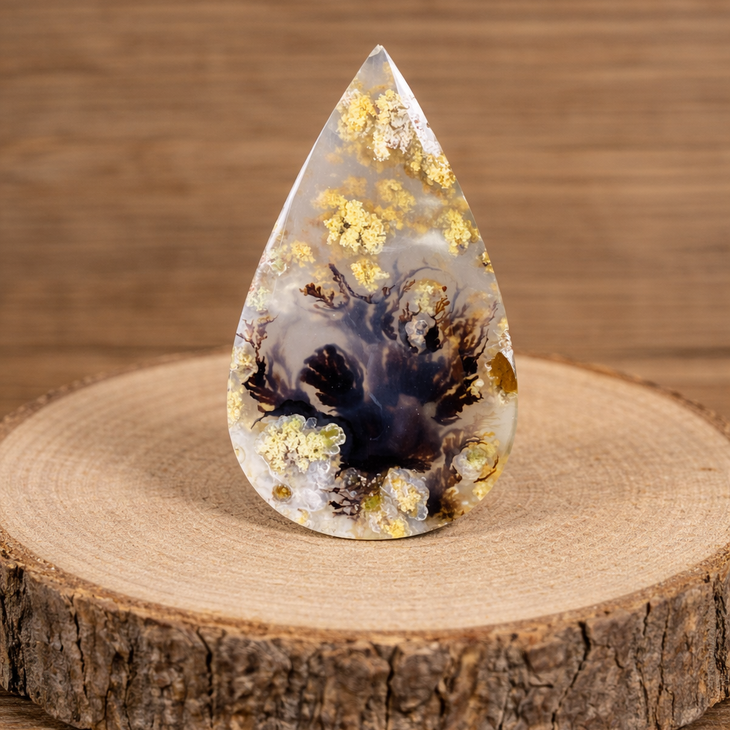 Teardrop-shaped decorative object with embedded materials on a wooden surface